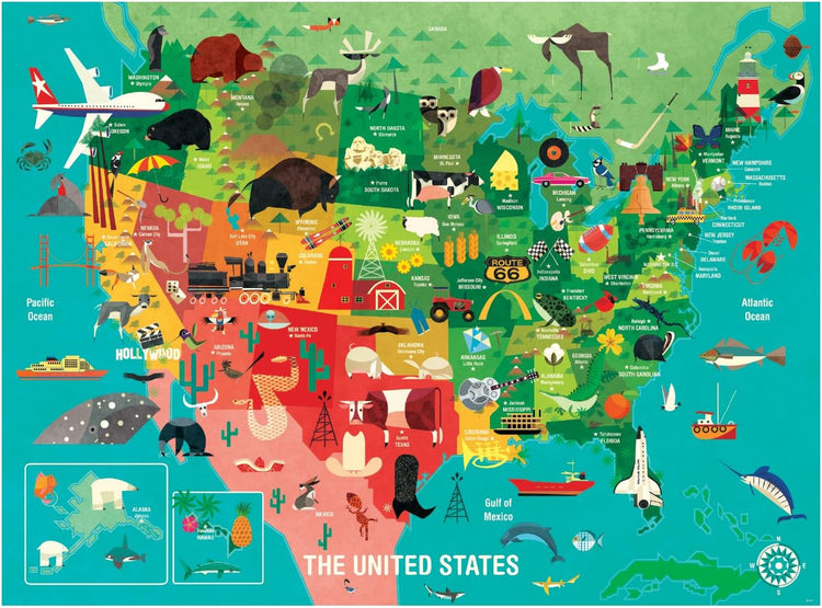 1000 Piece United States Jigsaw Puzzle for Adults and Families, USA Family Puzzle with Vibrant Illustrations of the Attributes of the 50 States